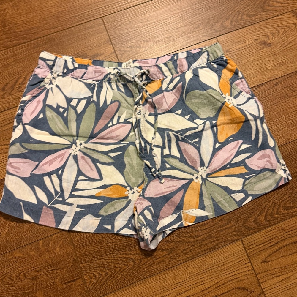 Nicole Miller Floral Linen Drawstring Women’s Shorts in Blue with Pastel Accents